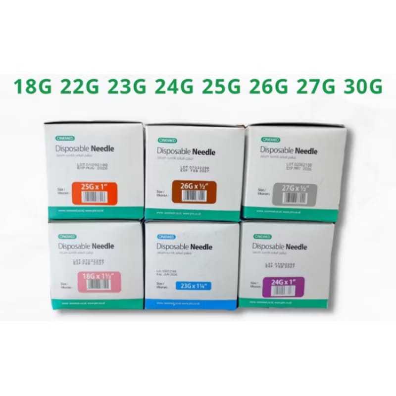 OneMed Jarum Steril Sekali Pakai Disposable Needle 100 PCS 18G 21G 22G 23G 24G 25G 26G 27G 30G