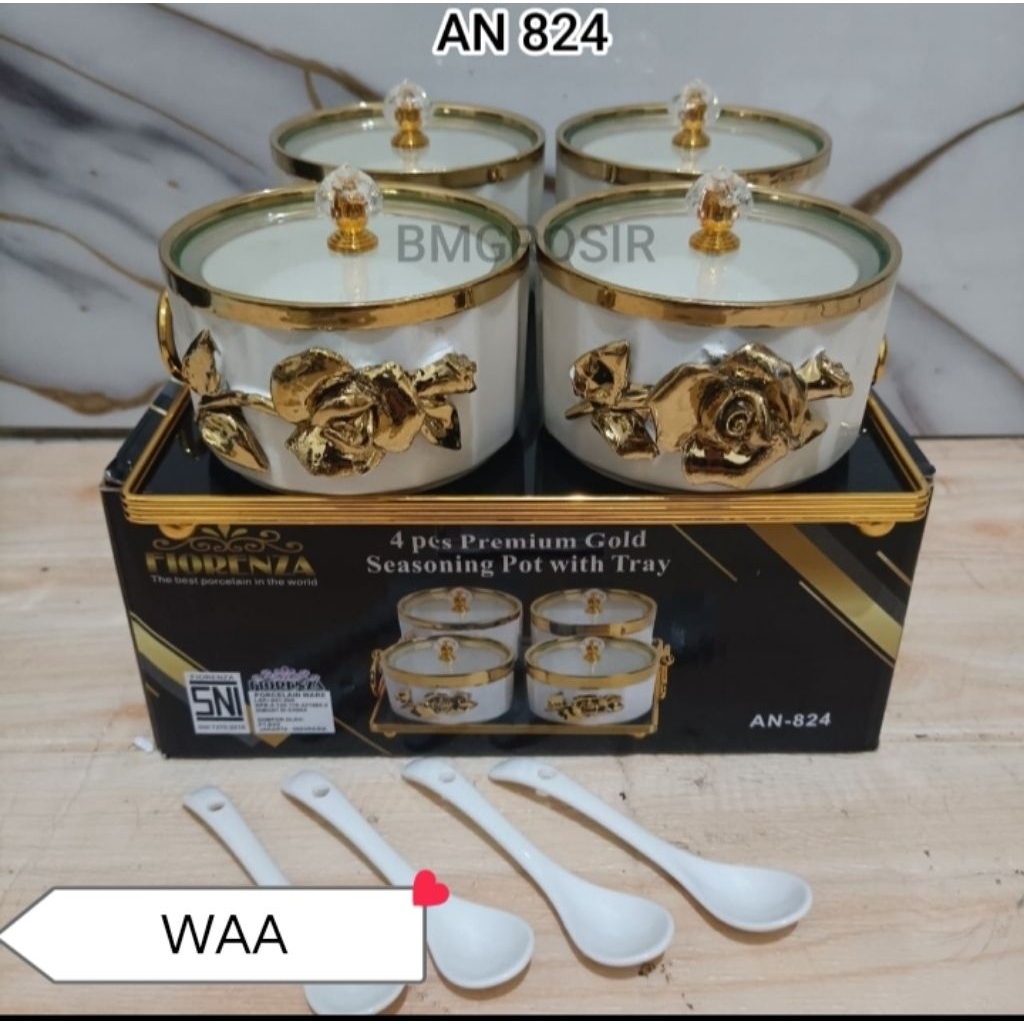 Tempat Bumbu Keramik Fiorenza dengan Rak dan Sendok - Motif Gold
