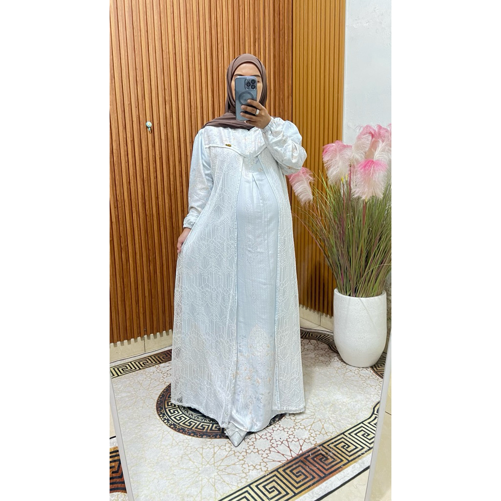 AURABUSANATASIK Gamis Layer Premium Putih Elegan + Outer Full Lace Wanita Muslimah