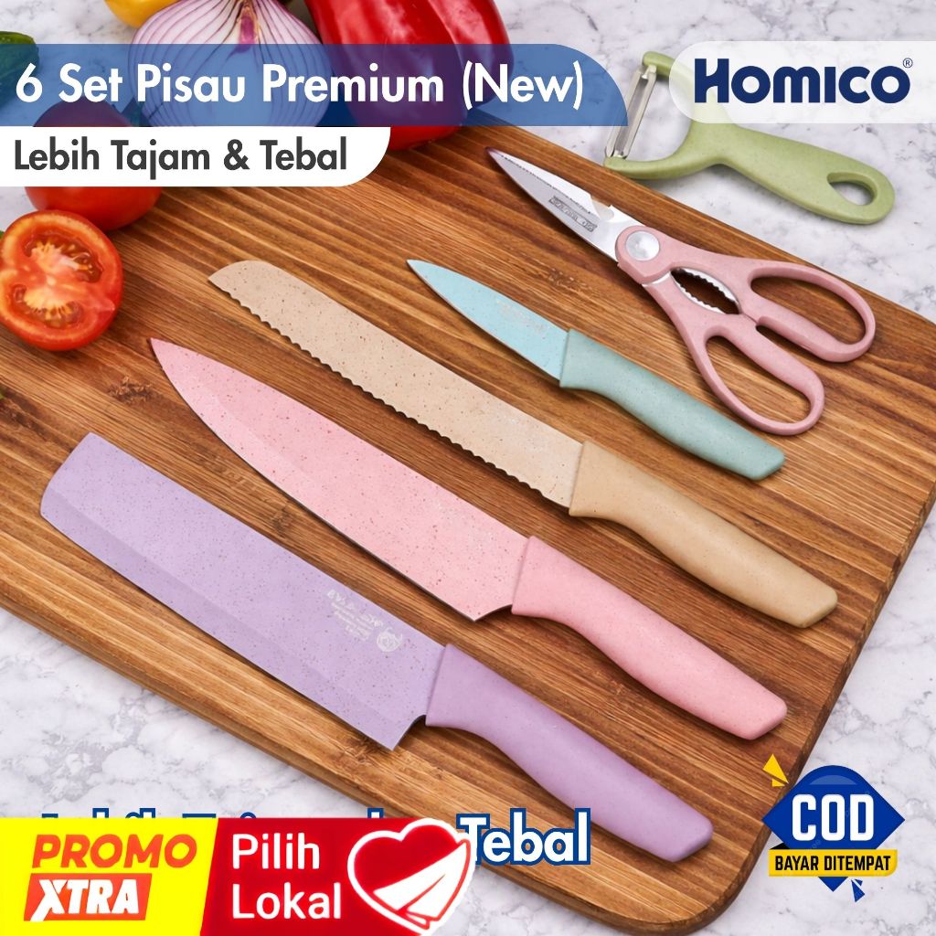 HOMICO Pisau Set Dapur Stainless Lebih Tebal dan Kuat Anti Lengket 6 set all in 1 New Lapisan Anti L