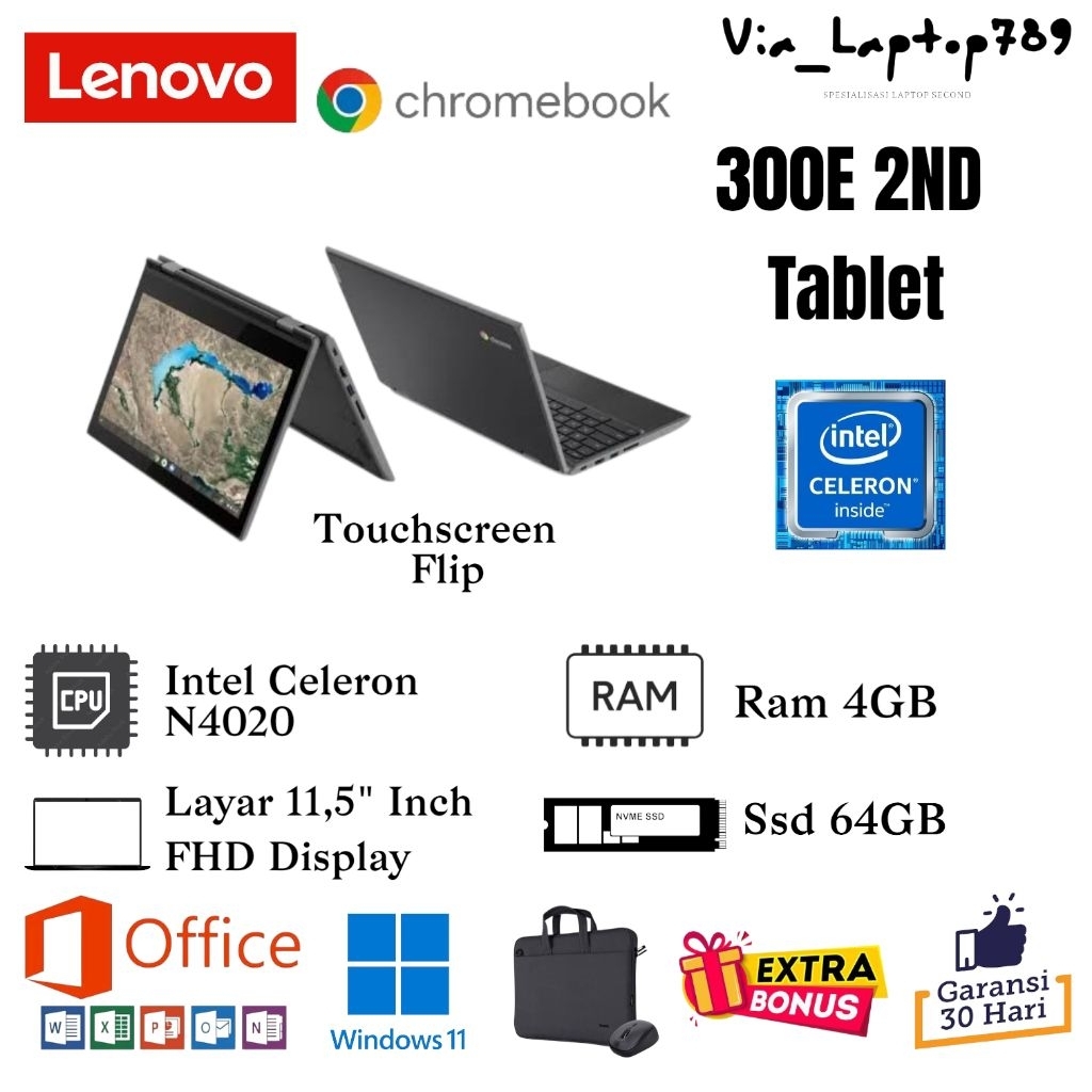 Lenovo ChromeBook 300e Intel Celeron N4020 Ram 4GB eMMC 32GB Layar Bisa Dilipat 360° Os ChromeBook
