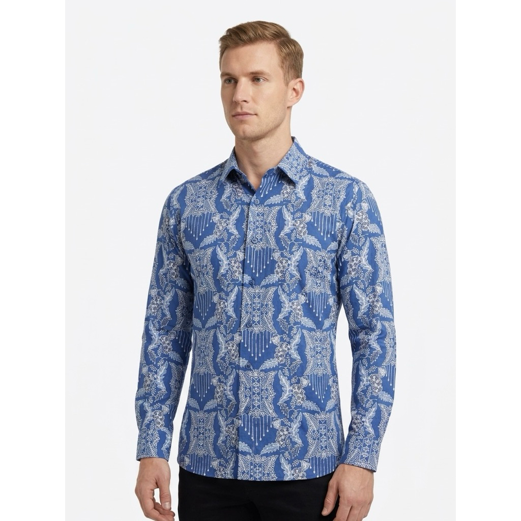 |Magnus| Kemeja Batik Pria Slimfit Lengan Panjang Bahan Katun 40S Lapis Furring Arrow Warna Biru Awa