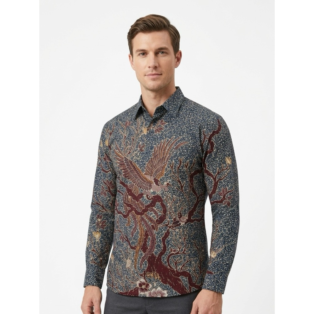 |Magnus| Kemeja Batik Pria Slimfit Lengan Panjang Bahan Katun 40S Lapis Furring Arrow Warna Biru Tua