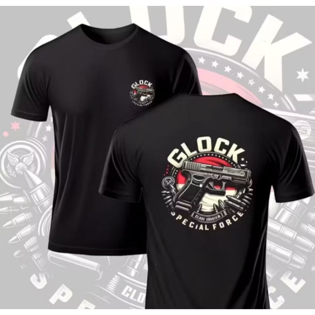 Kaos T-Shirt Basic Hitam GLOCK Design Pistol Kaos Distro Unisex Ukuran S M L XL