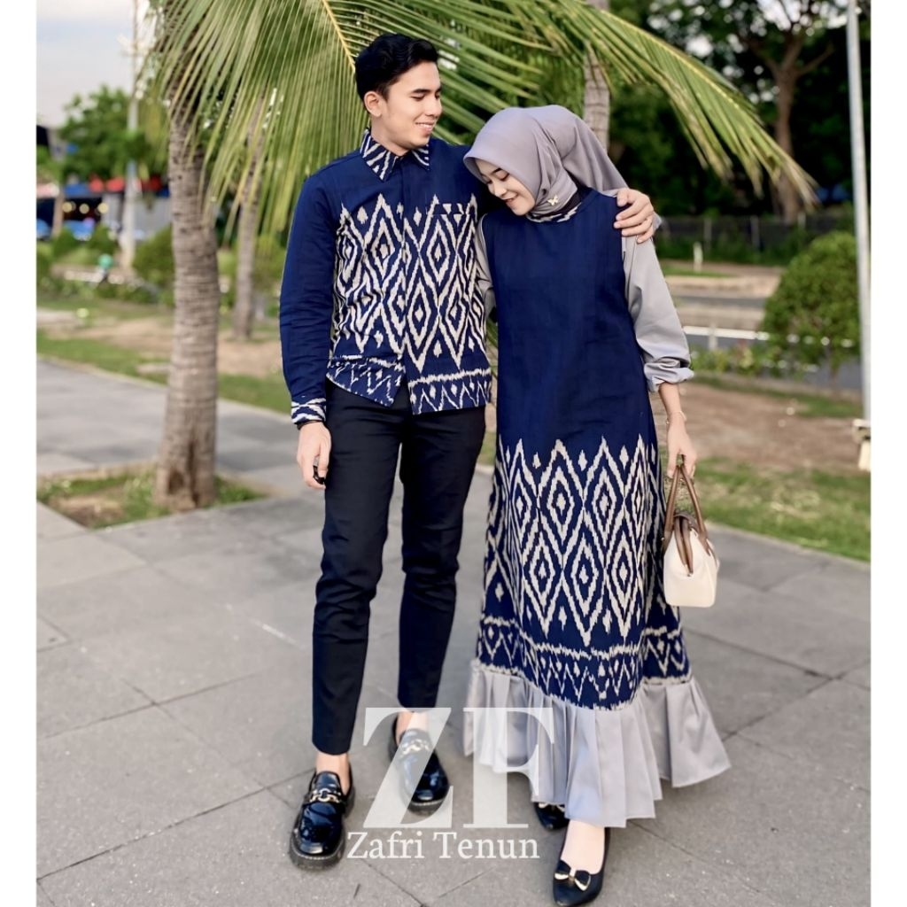 BAJU TENUN COUPLE DRESS KARINA NAVI COUPLE PASANGAN BAJU KONDANGAN SERAGAM KELUARGA LEBARAN