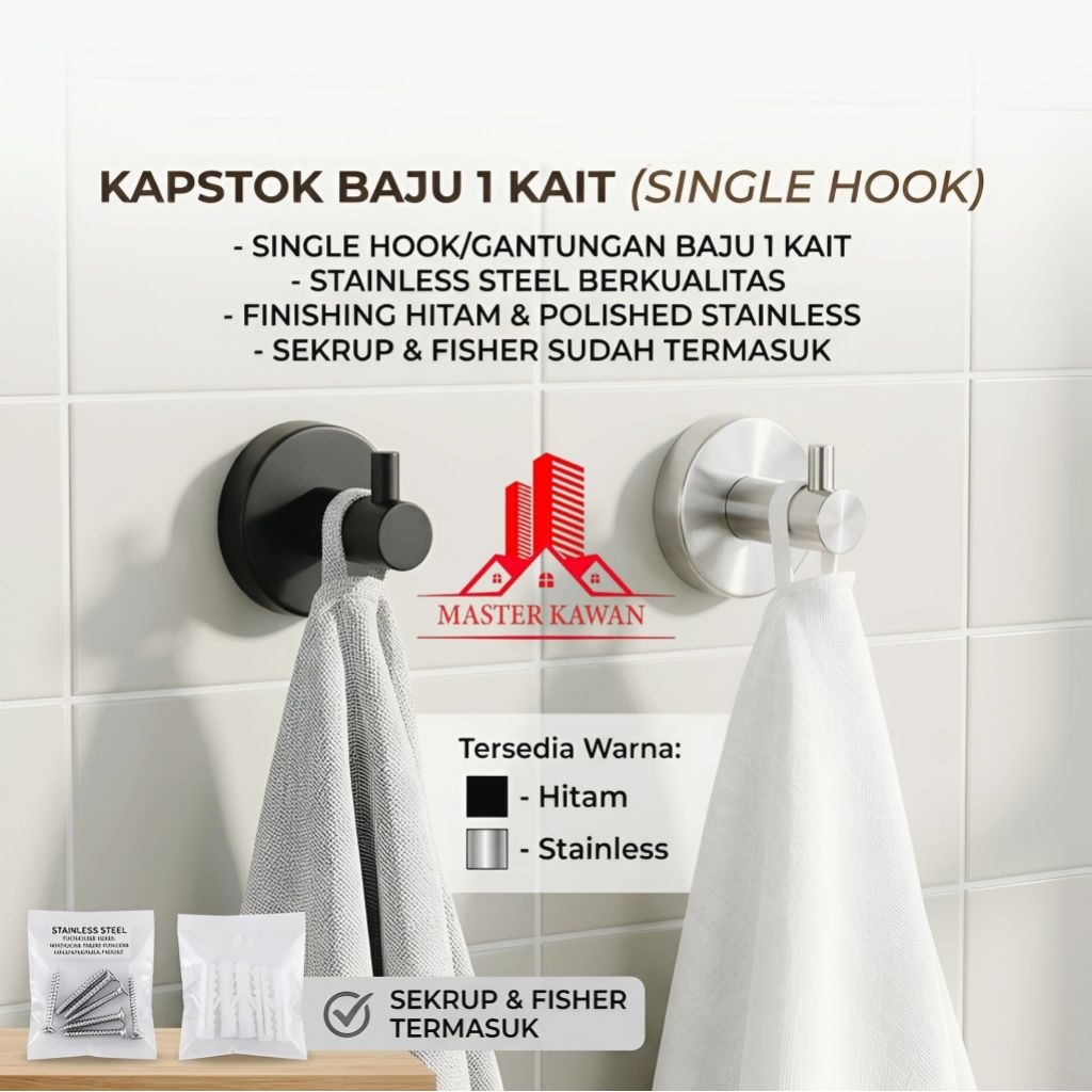 Single Hook Stainless Hitam /Single Hook Stainless /Kapstok Baju 1 Kait