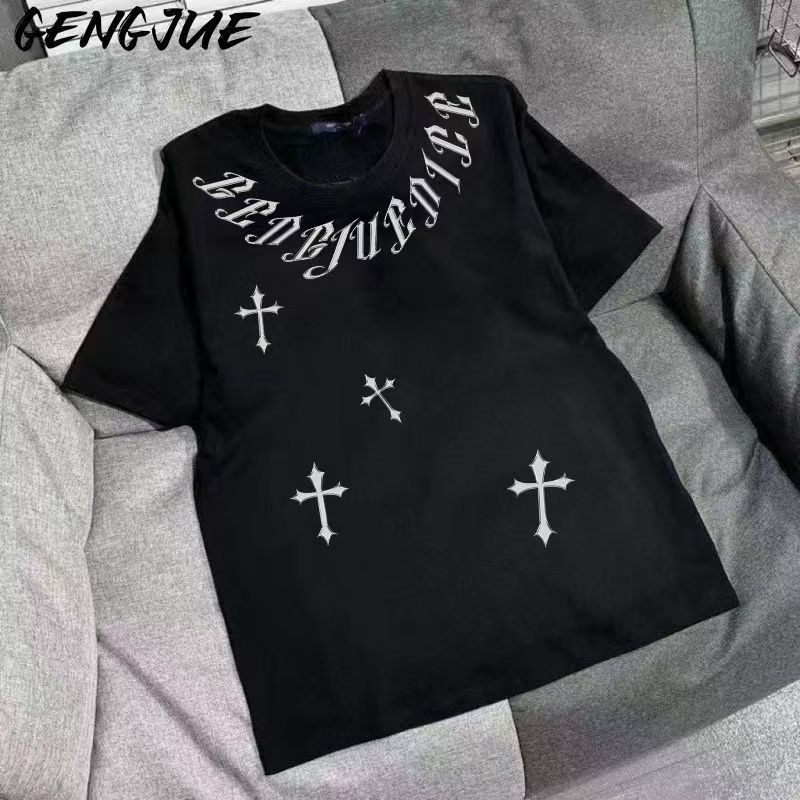Kaos Pria Wanita Oversize Hitam Motif Salib Putih dan Tulisan Gothic di Leher | Baju Atasan Santai