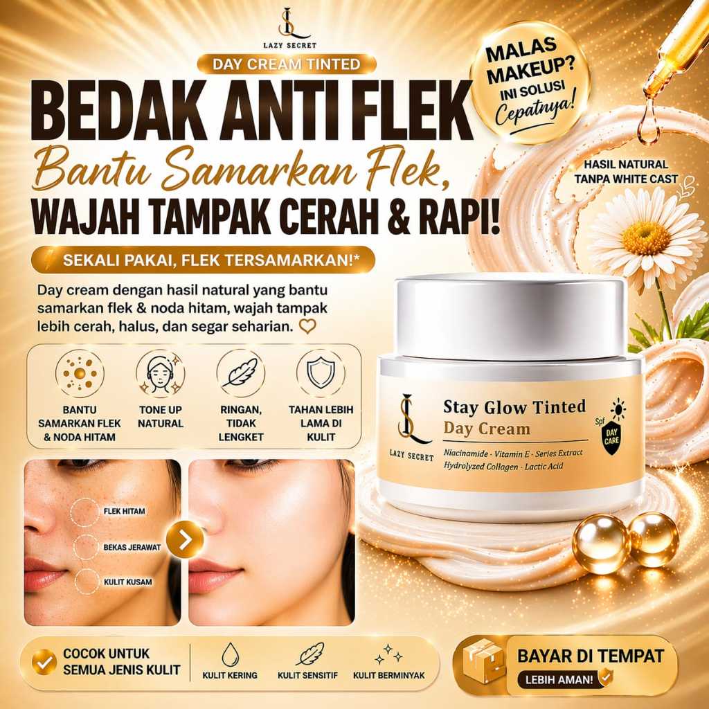 LAZY SECRET Bedak Anti Flek Krim Siang Stay Glow Bantu Samarkan Flek Cerahkan Wajah Kusam Kulit Cera