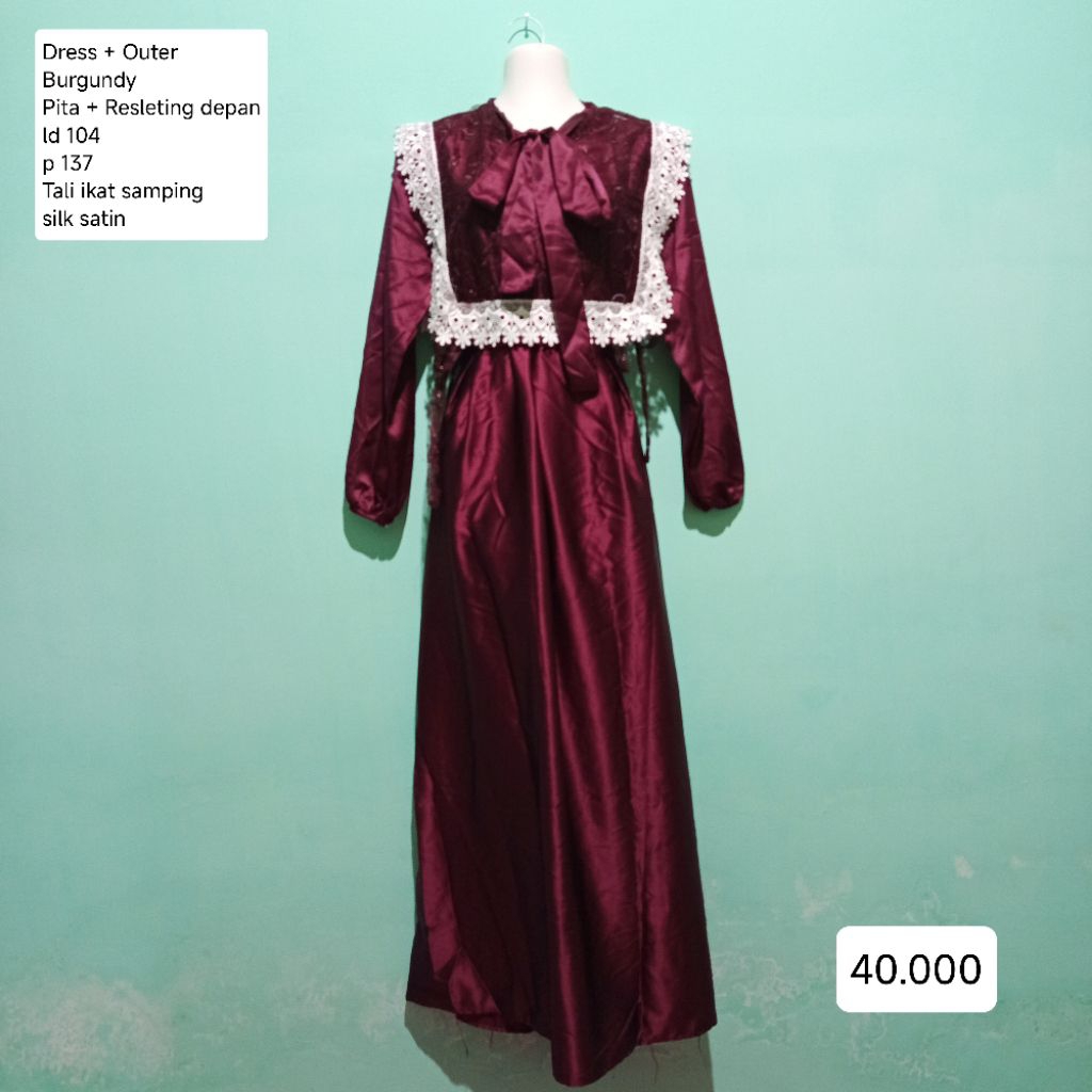 Vintage Burgundy Silk Satin Dress Set with Lace Vest
