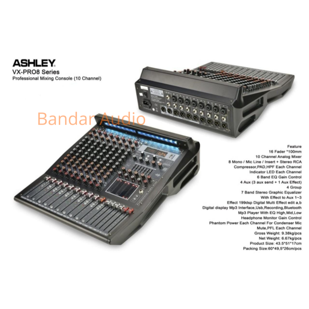 Mixer Ashley VX-PRO8 10 Channel Professional Mixing Console Bluetooth USB Recording