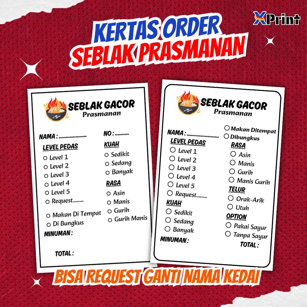 [100pcs V2] Kertas order seblak logo / kertas pesanan menu seblak prasmanan / kertas pesan seblak pr