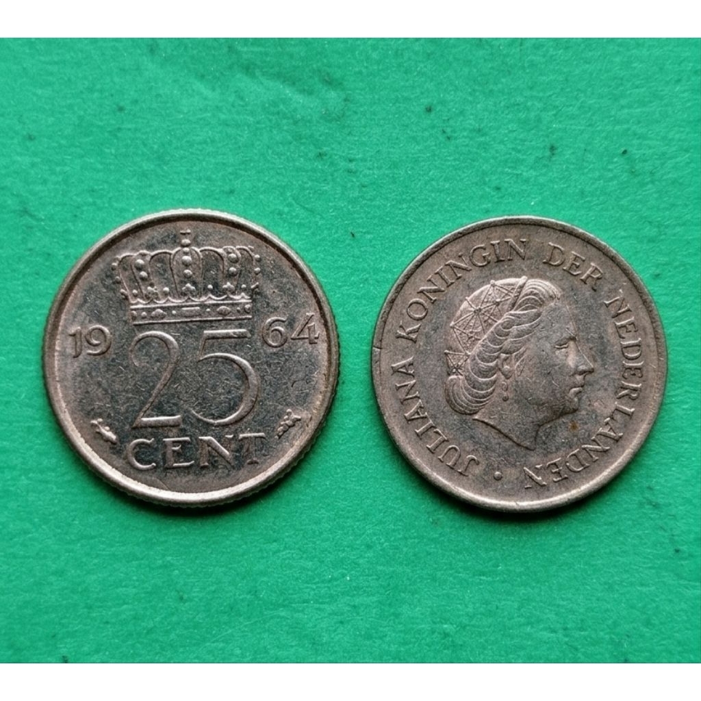 Koin Kuno Belanda 25 Cent 1964 Juliana Koningin Der Nederlanden - Koleksi Numismatik Asli