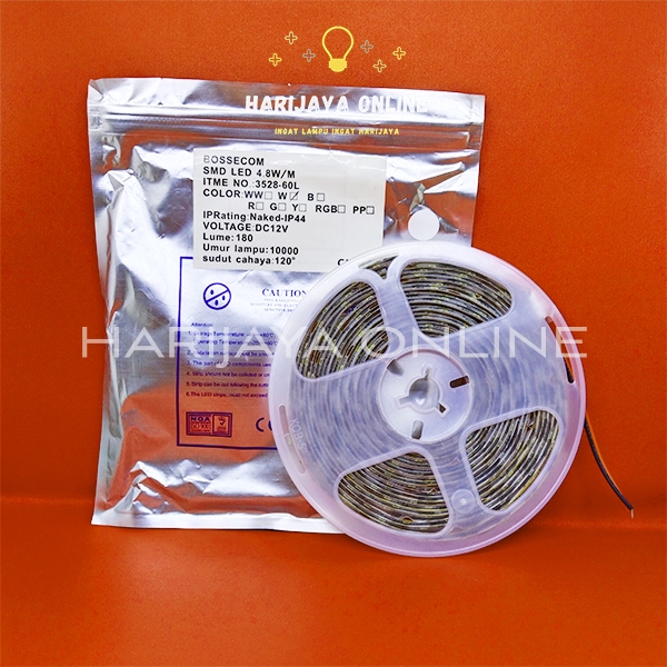 BOSSECOM Led Strip Flexible SMD 3528 / 2835 ip44 12V (mata kecil indoor) 5 Meter / 5M 12V DC PUTIH