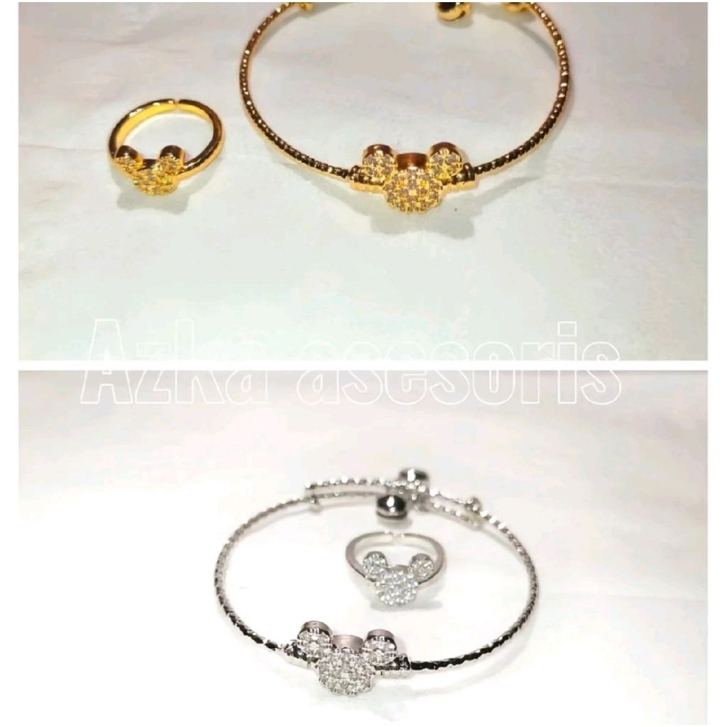 Gelang tangan anak free cincin titanium motif micimouse silver dan gold