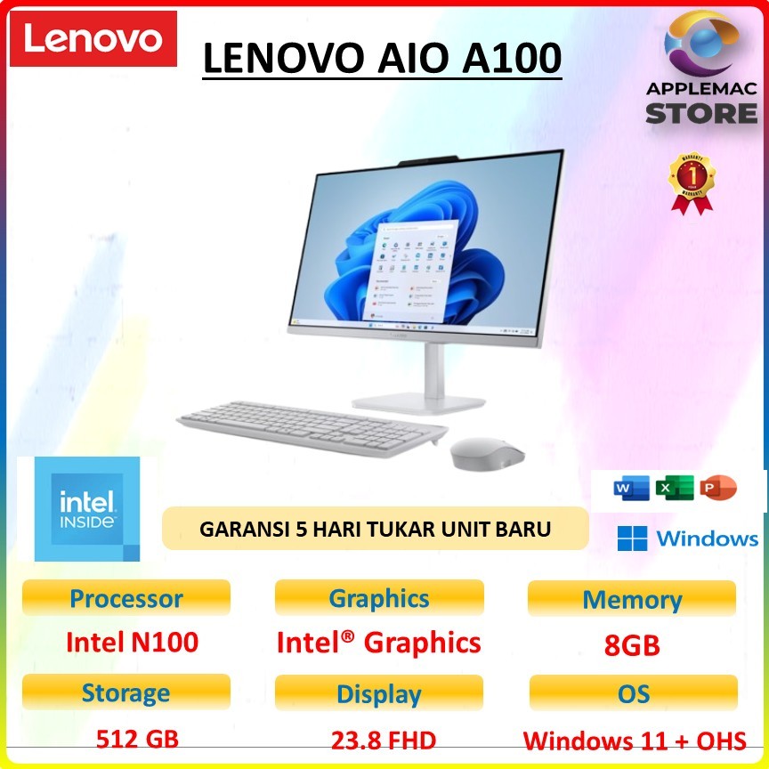 DESKTOP ALL IN ONE LENOVO AIO A100 N100 8GB 512GB W11 23.8FHD IPS 1Y GRY