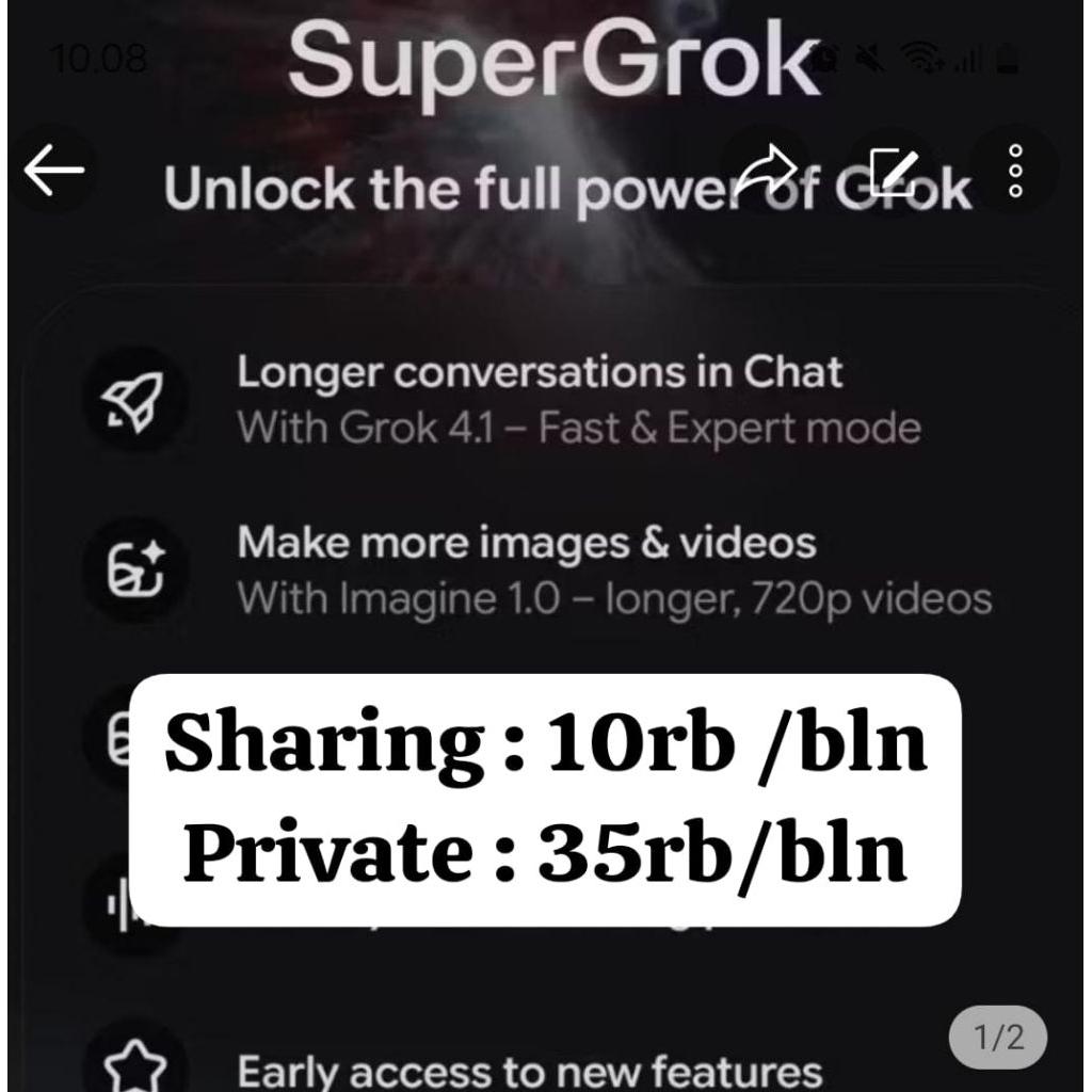 Supergrok 1 bulan (Privat, sharing dan Heavy)