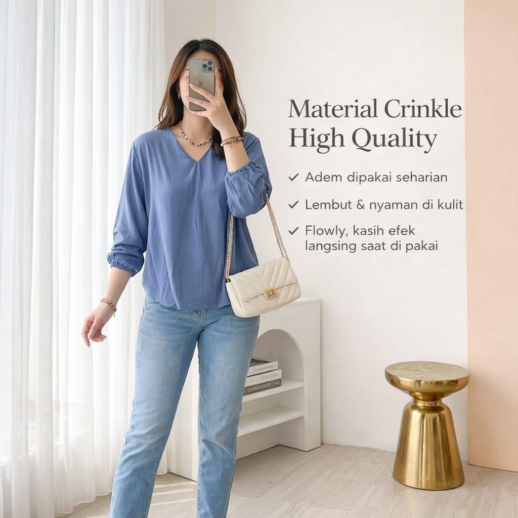 Blouse Wanita V Neck Crinkle Airflow Nyaman Dipakai M/L/XL/XXL