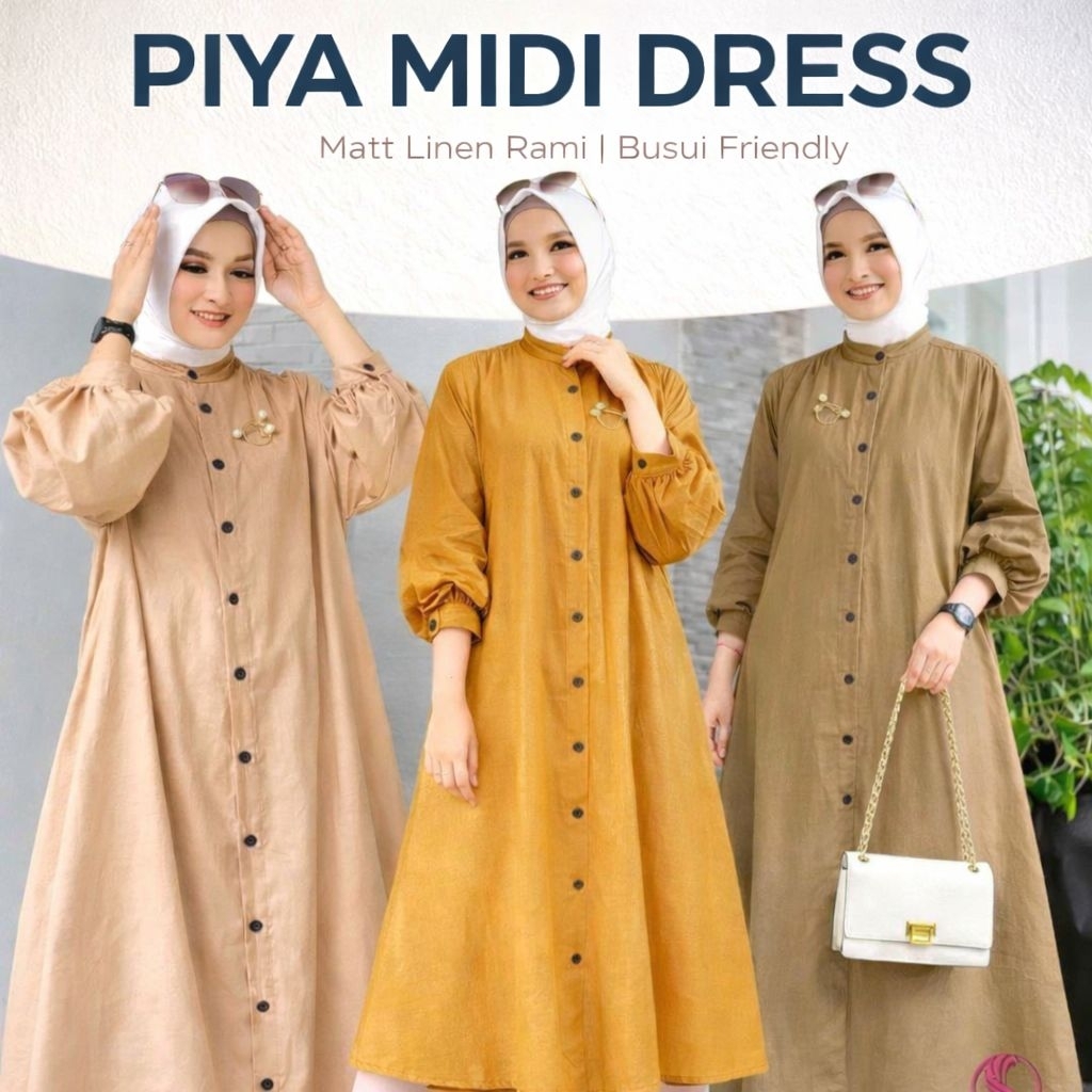 AIKA - PIYA Midi Dress Linen Rami Premium - PIYA Midi Dress Busui Friendly – Dress Muslim Wanita Pre