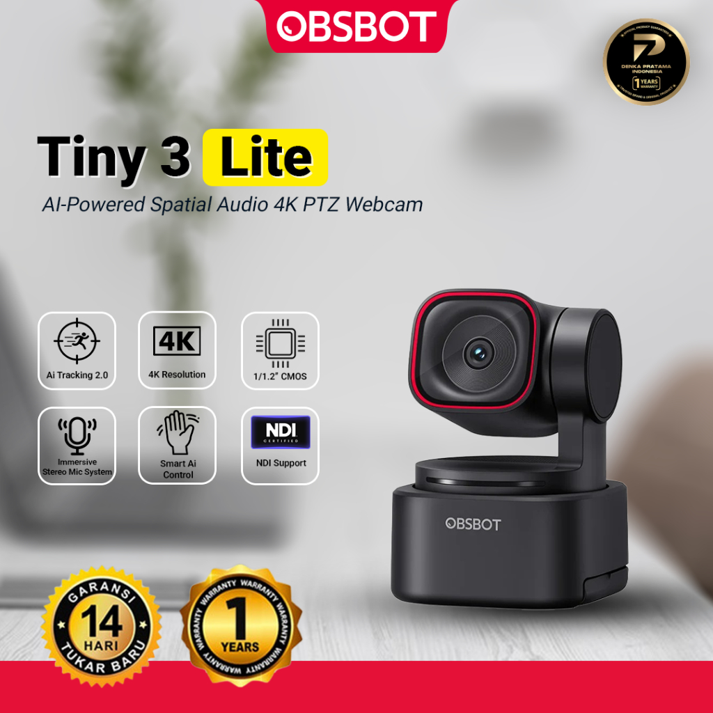 OBSBOT - Tiny 3 Lite Webcam Camera PTZ 4K 30FPS 48MP dengan AI Tracking Lebih Halus, Kontrol Suara, 