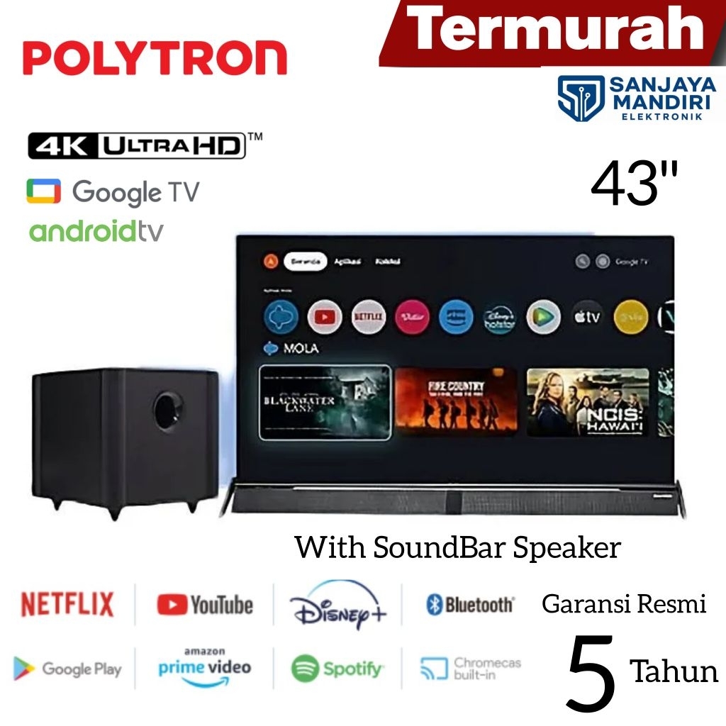 Garansi 5 Tahun POLYTRON 4K UHD 43 Inch Google Android TV PLD-43BUG5058 With SoundBar Speaker Digita