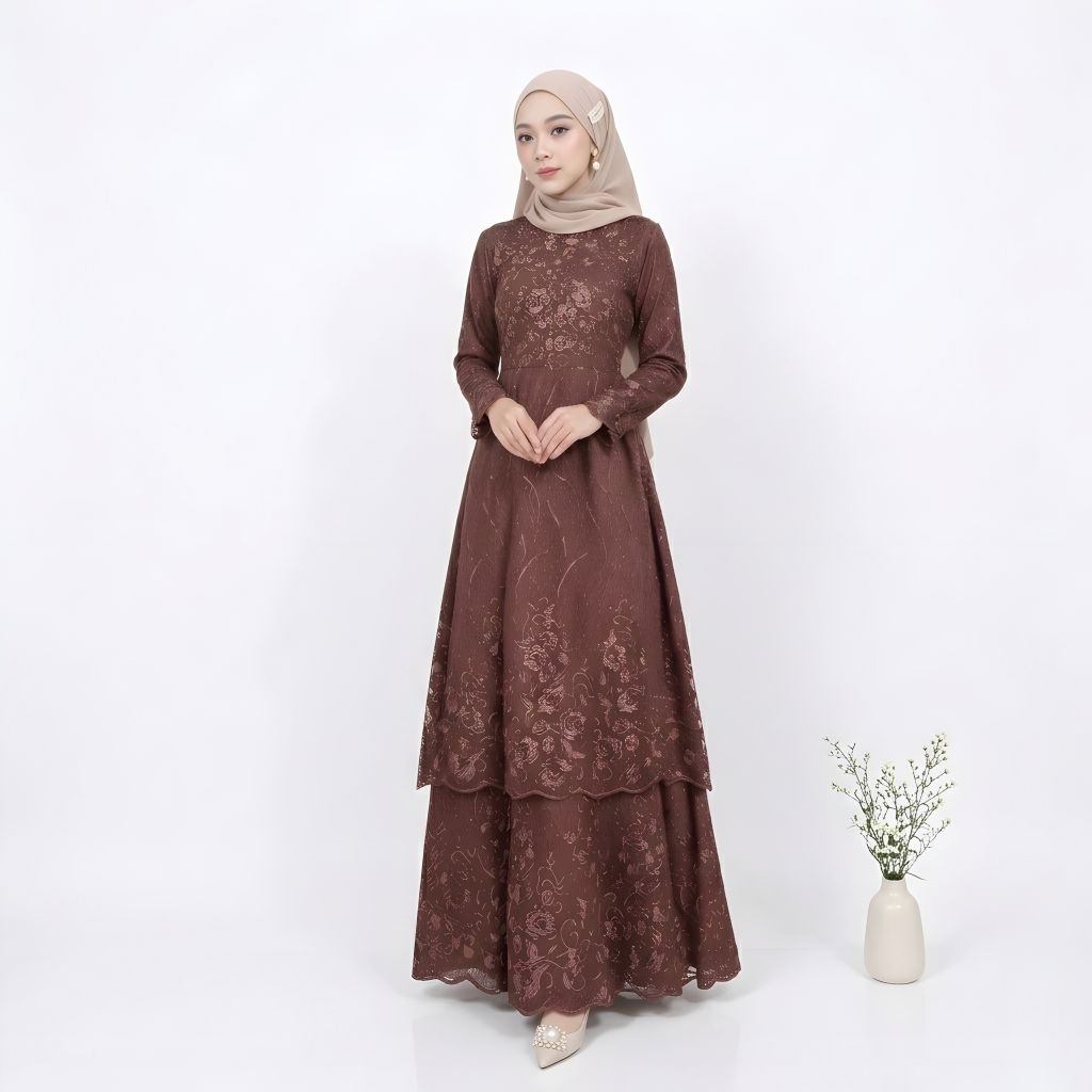 Gamis Brokat Wanita Elegan Model Layer Panjang Dress Muslimah Pesta Kondangan Modern Lengan Panjang 