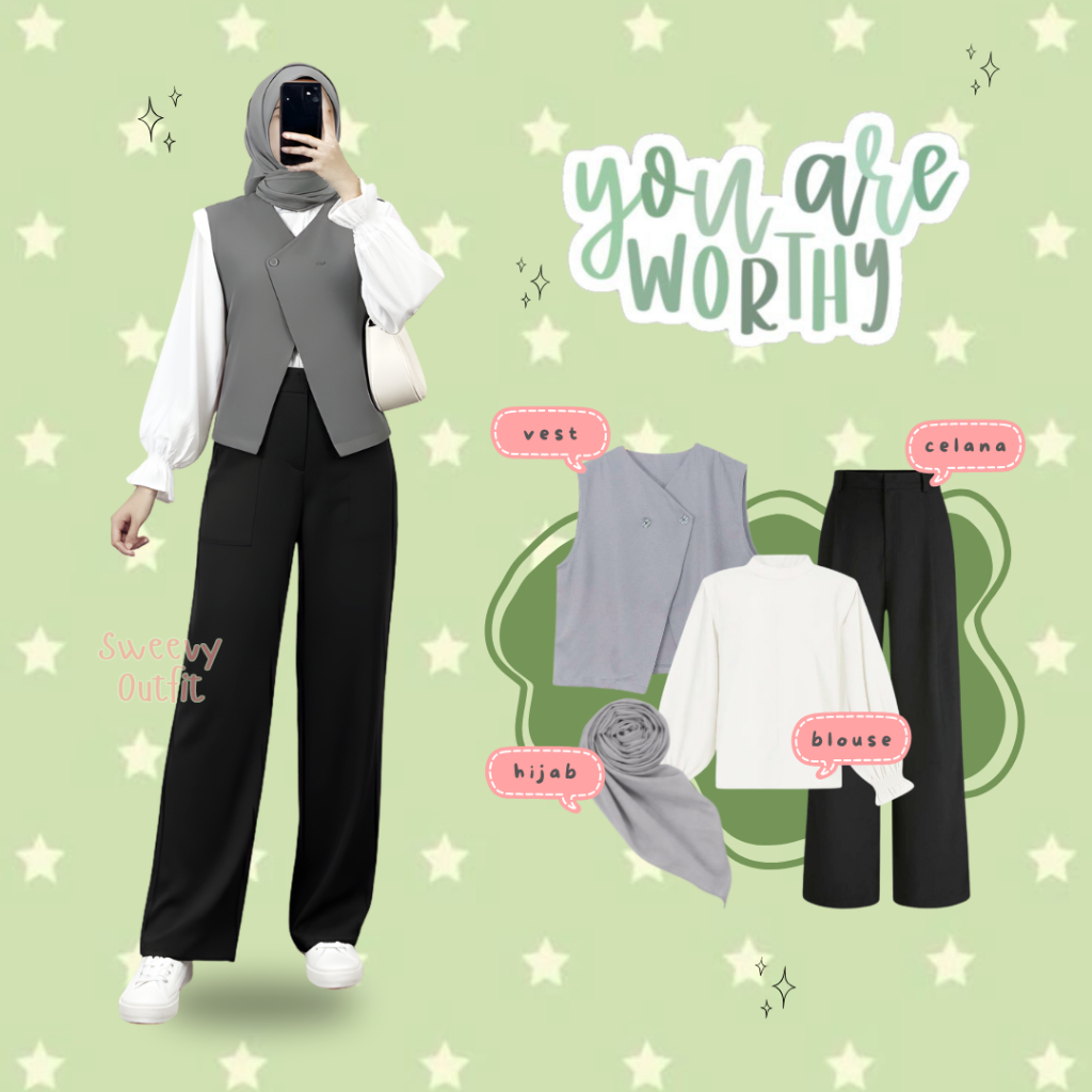 Setelan Wanita Dewasa Kekinian ( Blouse Puffy + Celana Kulot + Vest Kimmy + Hijab Segi Empat ) Set O