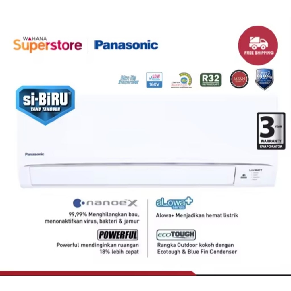 Panasonic AC Split Dinding Standard Deluxe Low Watt Si-Biru Nanoe X 1/2 PK  CS-XN5WKJ | XN5WKJ | XN5