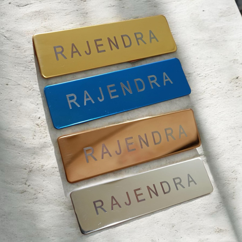 Papan nama plat stainless laser - name tag stainless kancing magnet