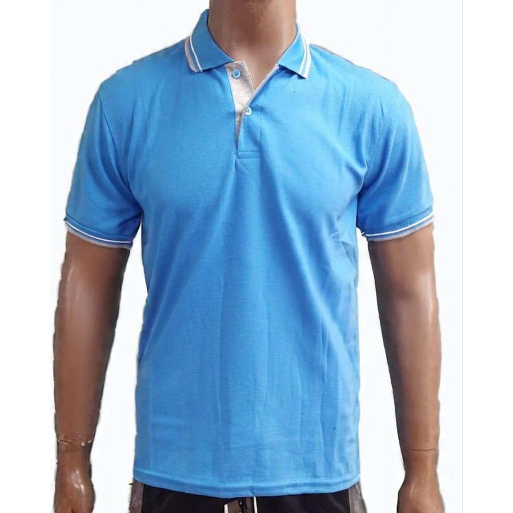 kaos kerah polos biru turkis list