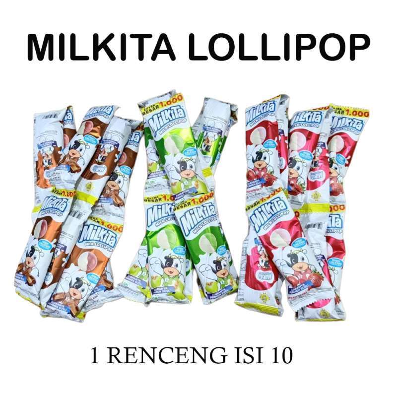 PERMEN LOLIPOP SUSU MILKITA RENCENG 10 PCS 9GR CEMILAN ANAK COKLAT STROBERI MELON