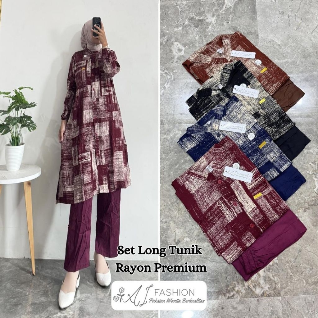 SETETELAN/SET LONG TUNIK RAYON TWILL MOTIF KOTAK