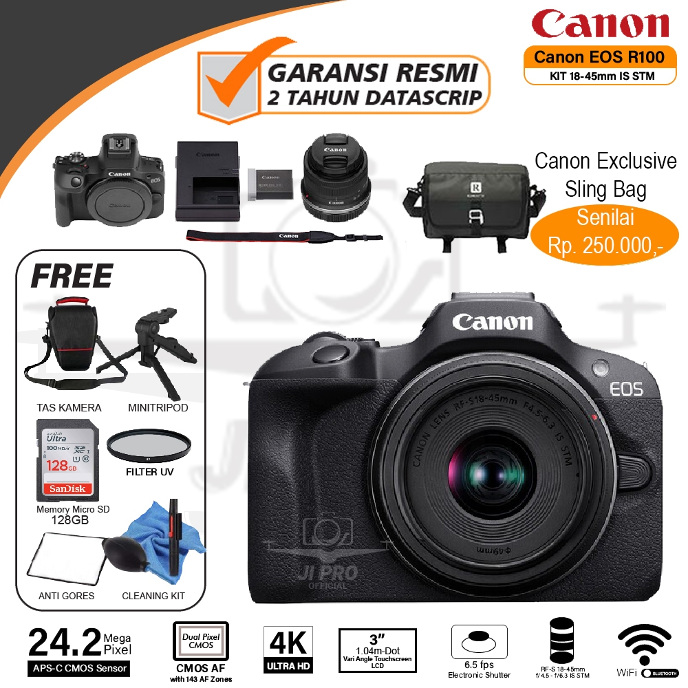 Canon EOS R100 Kit 18-45mm IS STM / Body Only Mirrorless Camera - Canon R 100 18-45 mm Garansi Resmi