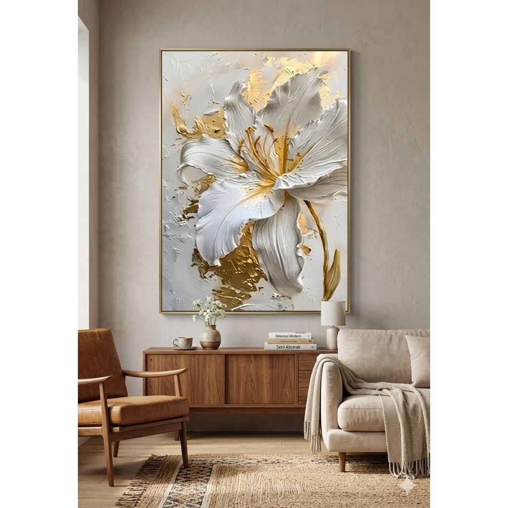 Hiasan Dinding Bunga Lily Putih Gold Mewah 3D Relief Tekstur Lukisan Kanvas Modern Ruang Tamu
