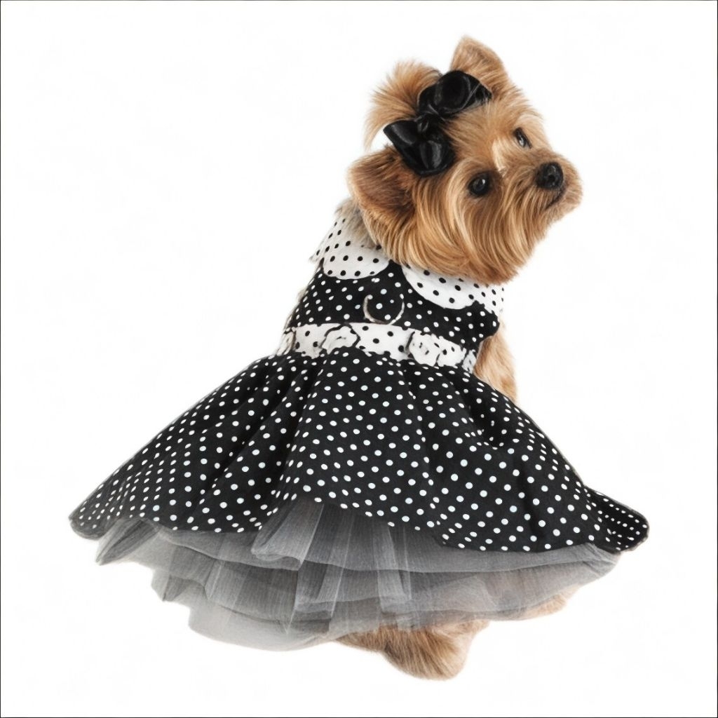 Baju Kucing dan Anjing Dress Polkadot Hitam Putih untuk Pesta, Pakaian Hewan Peliharaan Jantan dan B
