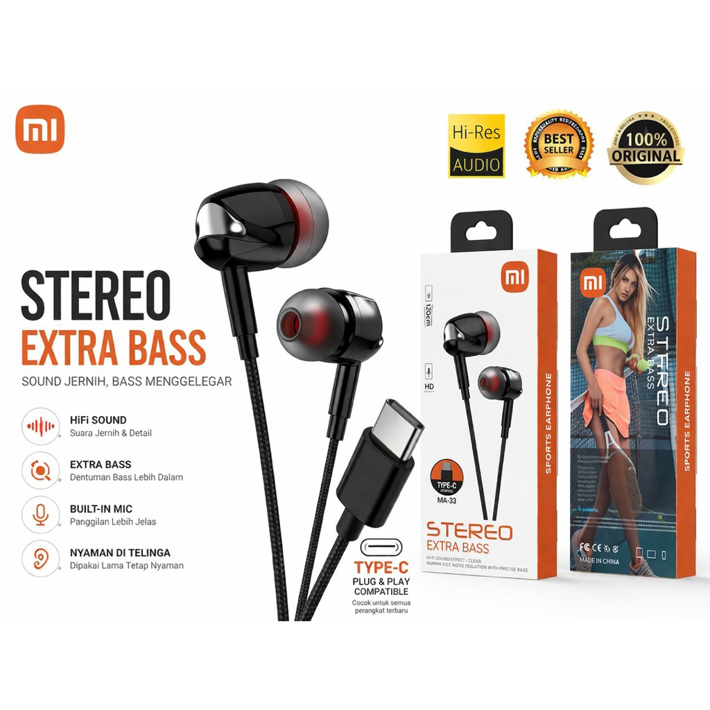 Handsfree Type C MA-33 Headset Xiaomi  Android Colokan Tipe C Stereo Extra Bass