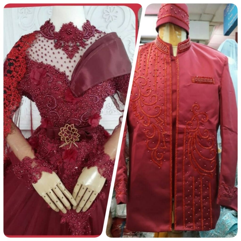 1 set baju pengantin gown & basofi maroon