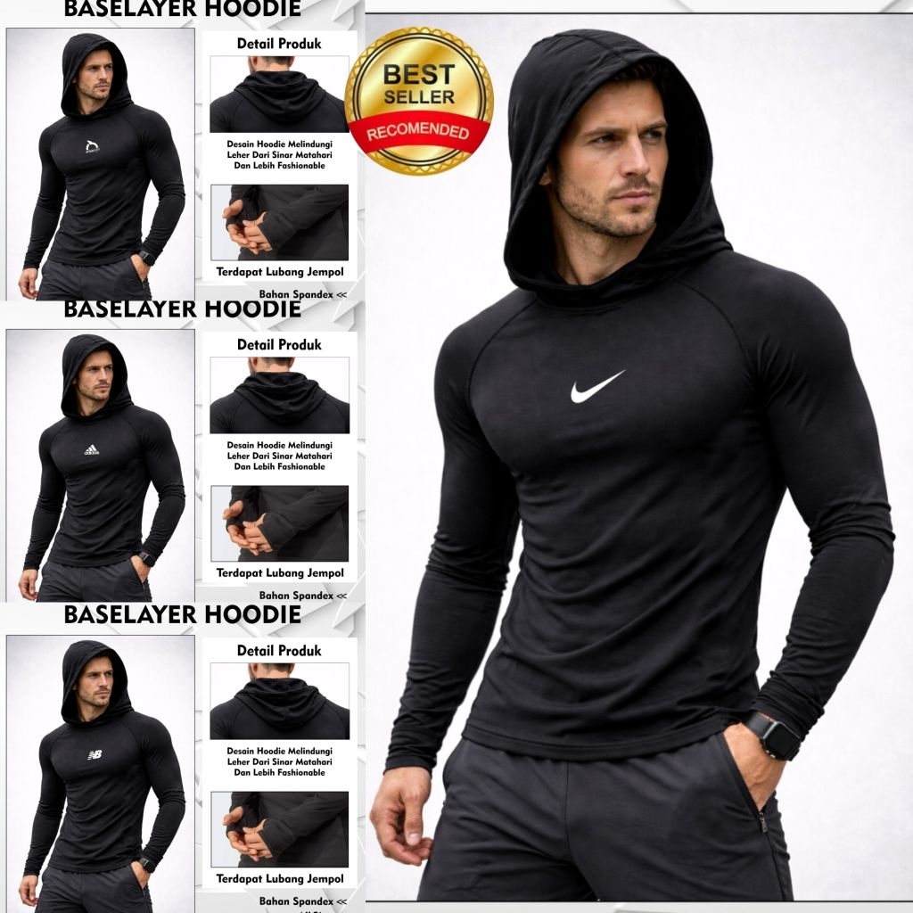 Baju Manset Baselayer Hoodie gym fitnees - kaos gym lengan panjang