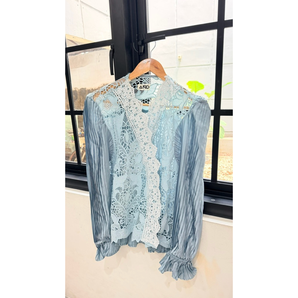 Outer Party Kondangan Biru Blue Brokat Brukat Baju Wanita Lace Pleats