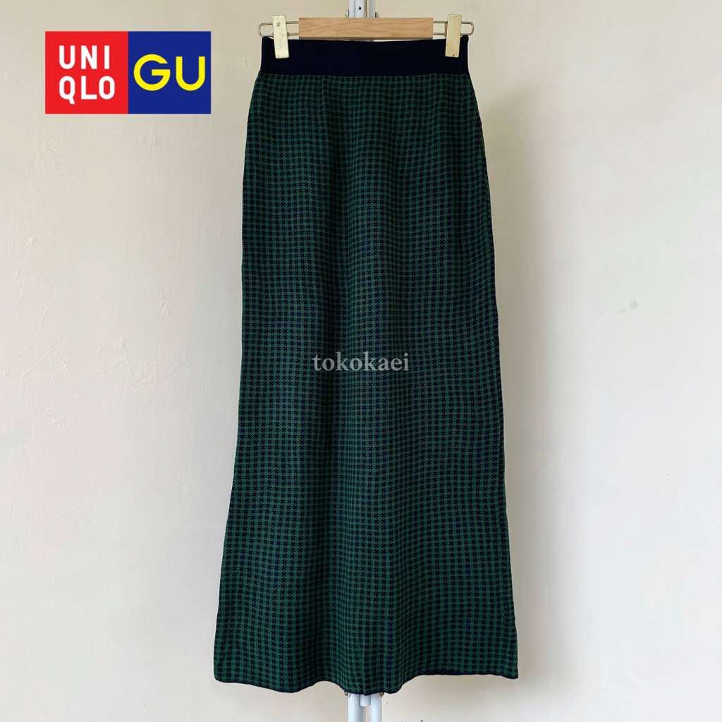 Green Navy Tartan Houndstooth Knit Skirt Rajut GU Uniqlo