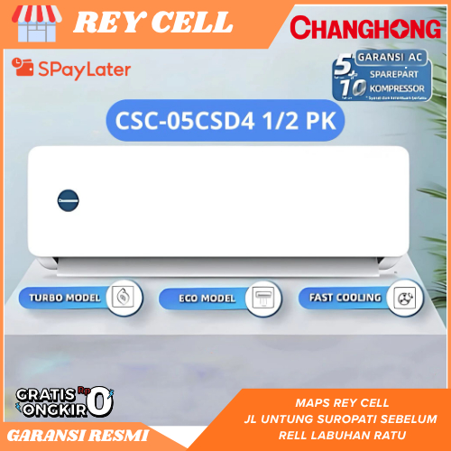 Ac Changhong CSC-05CSD4 1/2 PK fitur Turbo Jet Cool, Double Gold Fin (anti karat), dan Plasma (ion b