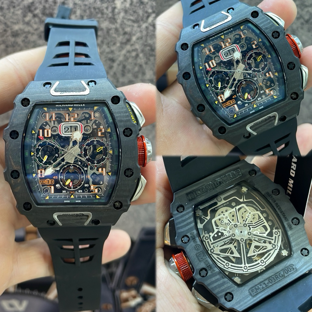 JAM TANGAN PRIA/COWOK RM-11/03 CARBON FULL BLACK AUTOMATC SWISS #Jamtanganpria #Jamtangancowok