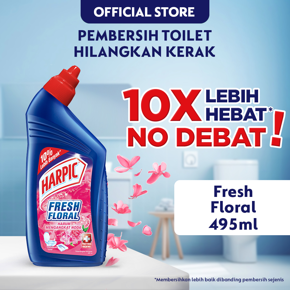 Harpic Fresh Floral - 495ml (Pembersih Toilet Cair Untuk Menghilangkan Noda & Kerak Membandel Untuk 