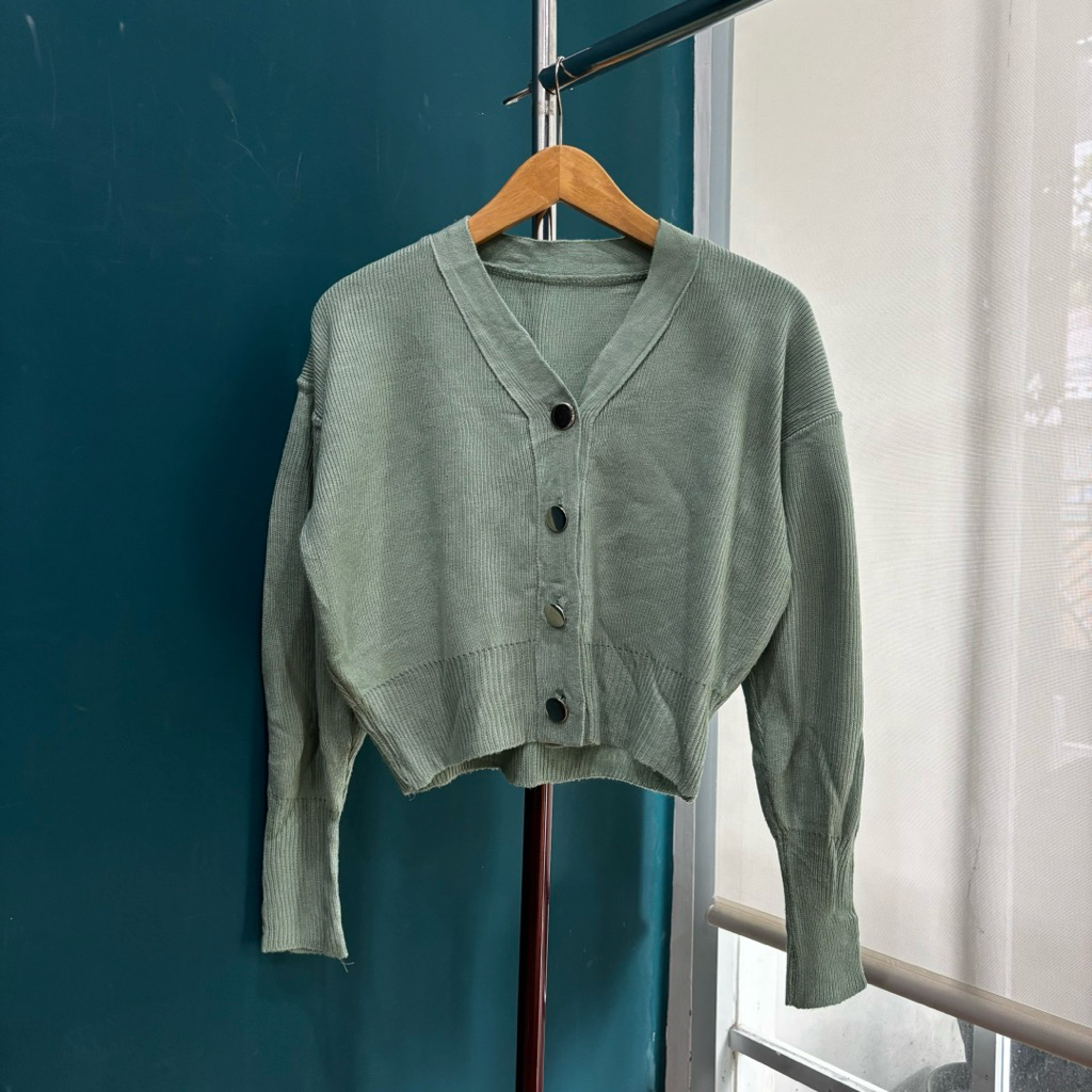 Cardigan A48 sage hijau green crop v neck academia cewek Rajut Knit Korea Style Look Dewasa Outer Te