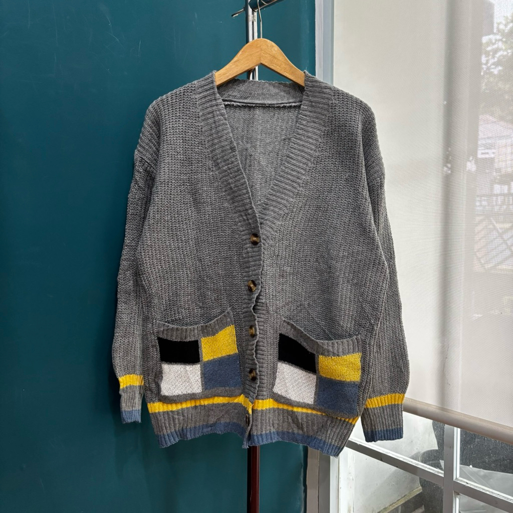 Cardigan A49 abu v neck grid yellow blue black academia unisex cowok oversize cewek Rajut Knit Korea