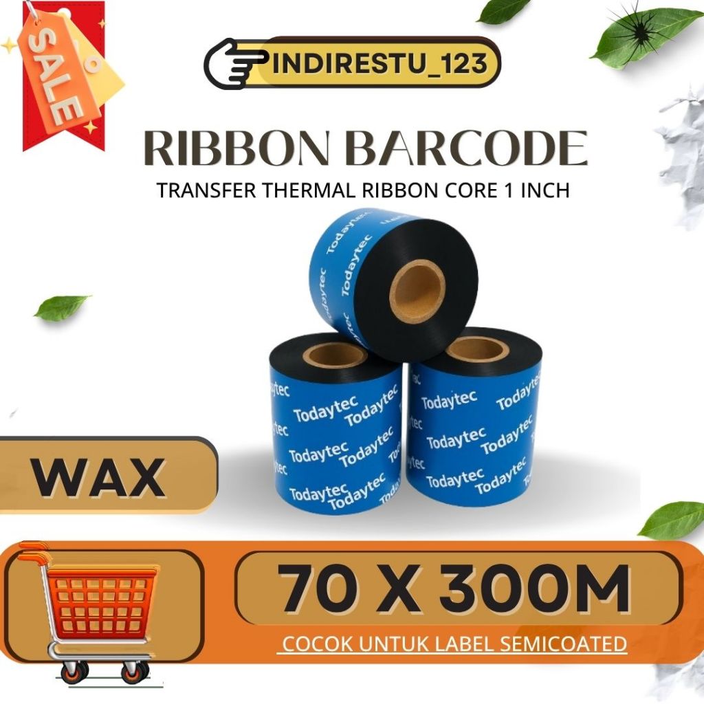 Todaytec Ribbon Barcode Wax 70mm X 300m /Thermal Transfer Ribbon Printer TSC Zebra Argox Godex-Hitam