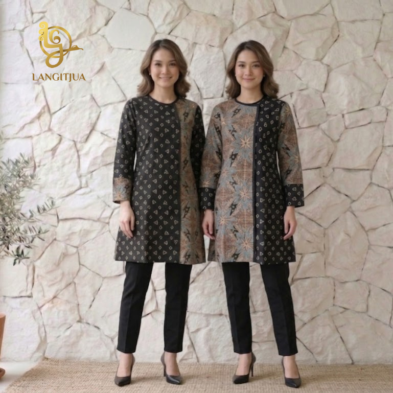 LANGITJUA - Tunik Untari 02  Batik Printing Mix Batik Cap Garutan Lengan panjang Katun Adem Nyaman S