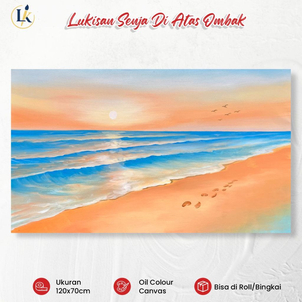 Lukisan Kanvas - Lukisan Pemandangan Pantai Sunset 120x70cm Handmade Hiasan Dinding Ruang Tamu