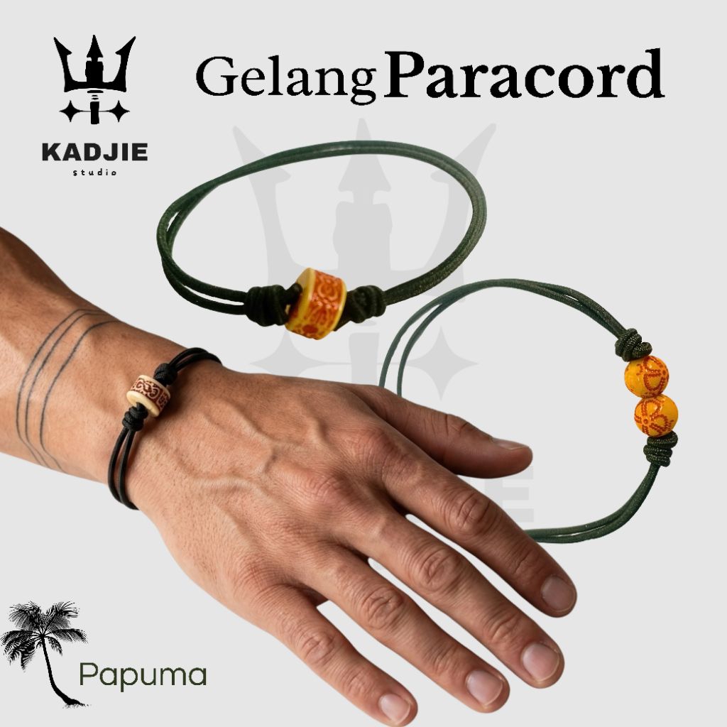 Gelang Papuma Linen Stretch Elastis Pria Wanita | Mosa 2 Bulat & Eden Ring Ukir | Gelang Etnik Minim