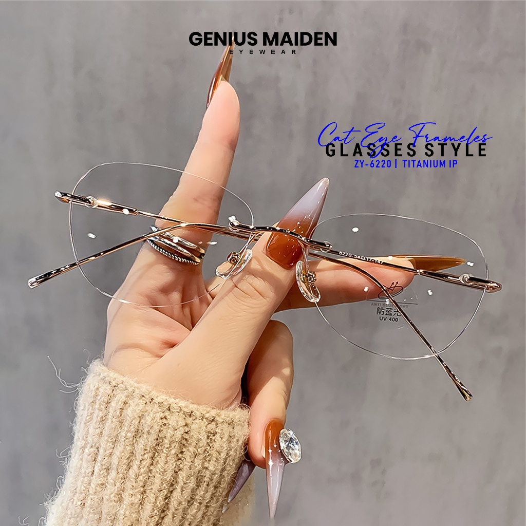 Genius Maiden Kacamata Minus Titanium Metal Wanita Anti Radiasi Blueray Photocromic Frame Rimless Si
