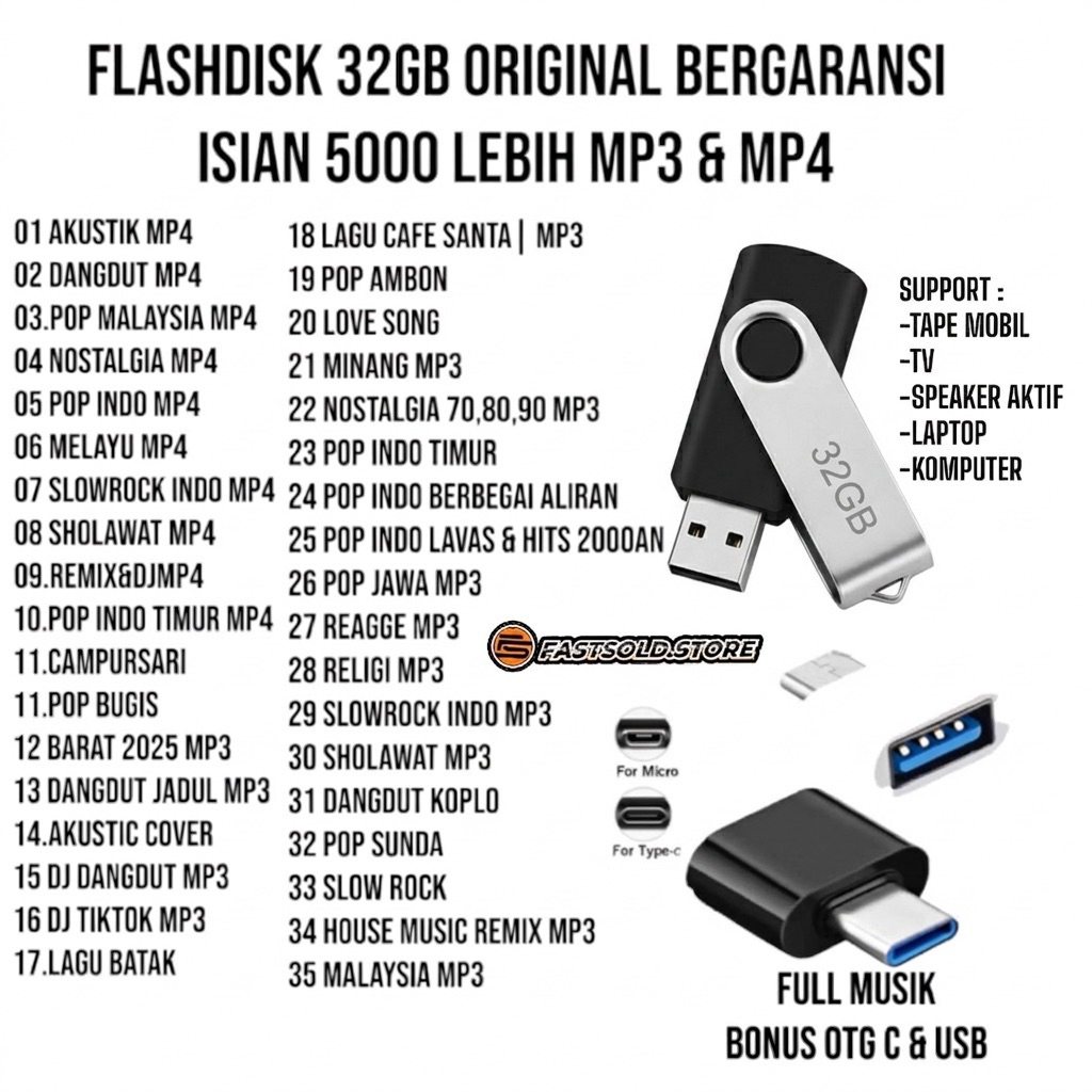 Flash Disk Musik Audio Video Mobil & Speaker Bonus OTG 16GB|32GB|64GB SUPPORT PC/LAPTOP/ANDROID
